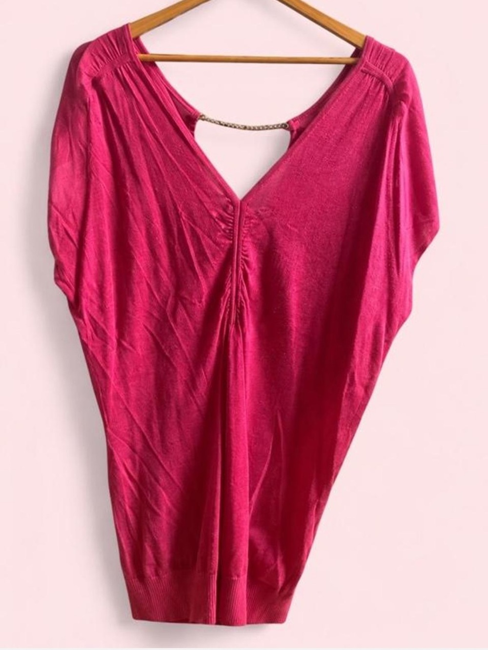 GUESS by Marciano Fuchsia Pink Deep V Gold Chain V-Back Knit Tunic Mini Dress M